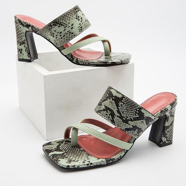 

summer high heels slippers serpentine print cross narrow-band chunky-heel women sandals shoes outdoor slides female 2021 size 43, Black