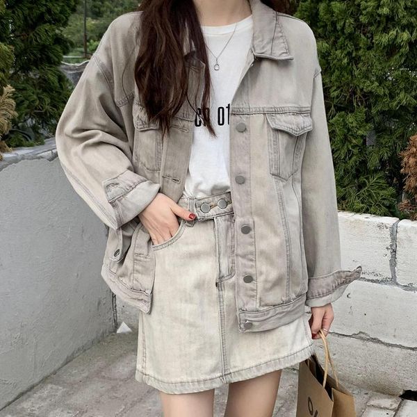 

women's jackets casual denim jacket two-piece high street distressed light-colored single-breasted loose slim short skirt suit, Black;brown