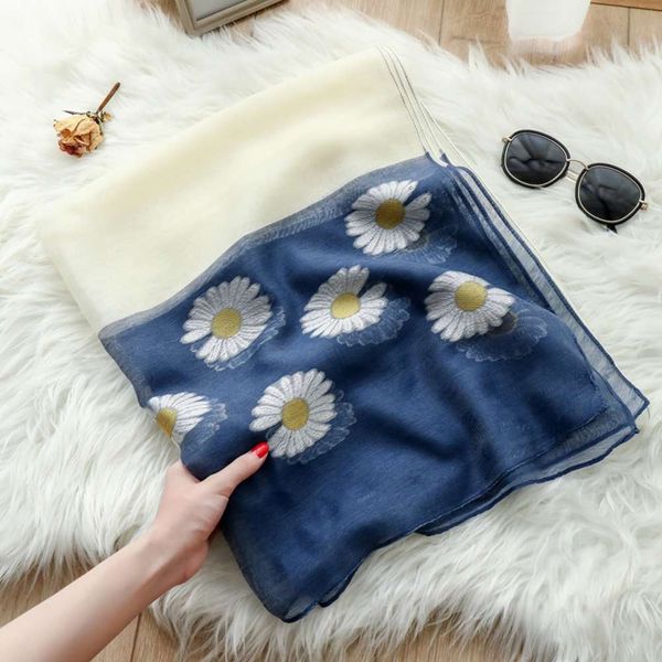 

summer printed daisy cotton hemp female star net red scarf sunscreen shawl warm neck, Blue;gray