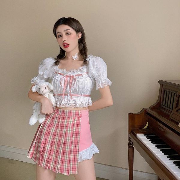 

white short-sleeved jk shirt women's summer new design sense non-mainstream chiffon puff sleeve shirt fashin sweet lady girl