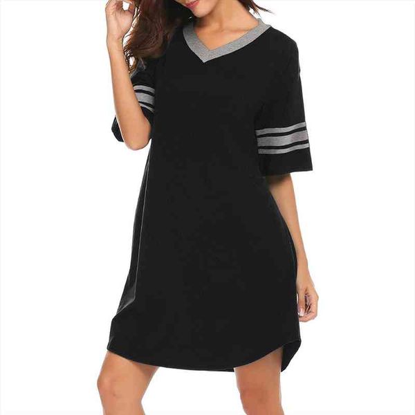 

spring autumn short sleeve midi womens sleepwears sleep dress casual printing v neck loose plus size tunic nightgowns, Black;red