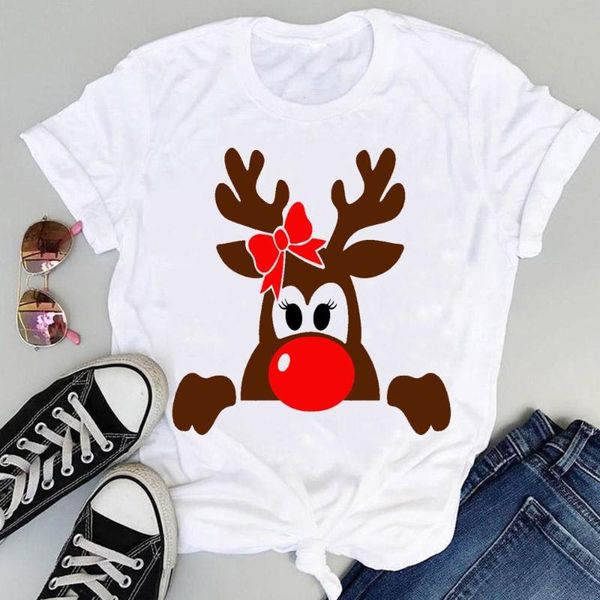 

women's t-shirt merry christmas deer cartoon print t-shirts clothes holiday women 90s animal cute graphic female happy year tshirt tee, White