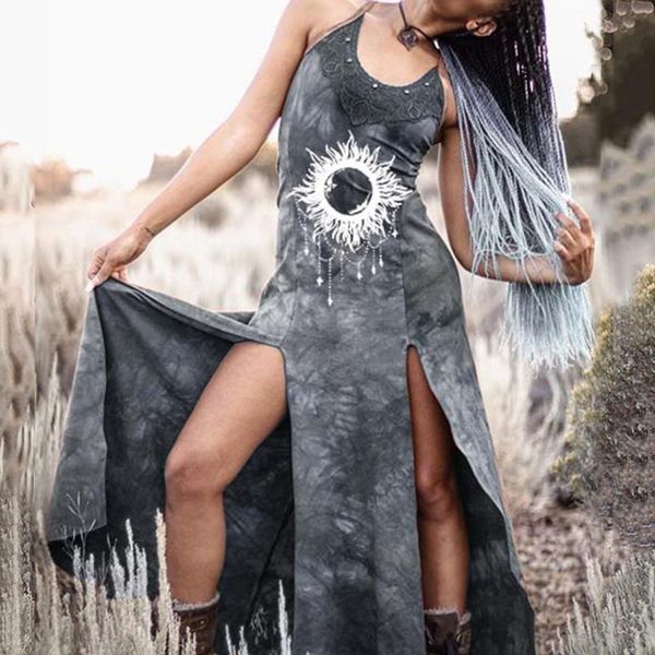 

casual dresses punk long dress split sun retro dyeing print sleeveless slim backless sundress o neck vintage plus size vestido, Black;gray