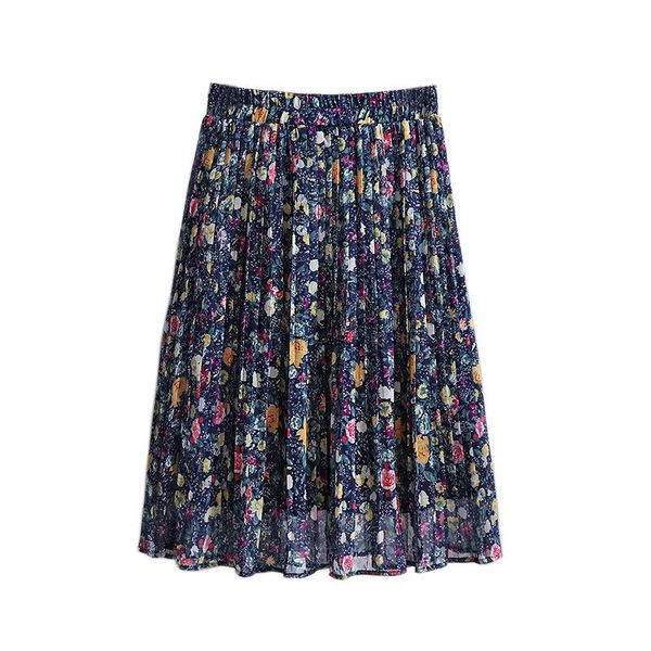 

skirts retro shredded flower chiffon summer casual loose elastic waist knee-length pleated plus size clothing for women 5xl 6xl, Black