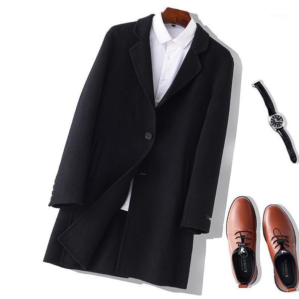 

men's trench coats wool coat men's medium long korean version of over knee thickened windbreaker slim double face woolen overcoat, Tan;black