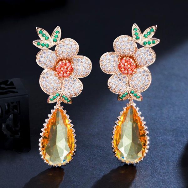 

dangle & chandelier threegraces exquisite flower and water drop earrings for women shiny yellow cubic zirconia fashion party jewelry er733, Silver