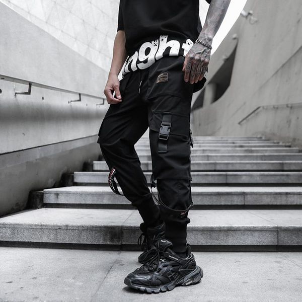 

men's pants hip hop ribbons cargo men joggers streetwear 2021 fashion mens elastic waist pant cotton black trousers