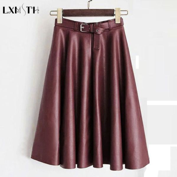 

skirts lxmsth 4xl 5xl women plus size faux leather ladies autumn winter casual loose a line pu skirt with sashes red, Black