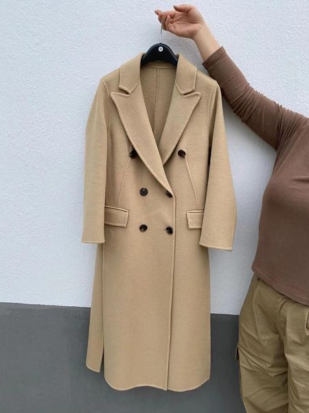 

women's wool & blends solid color double breasted design faced tweed overcoat for physical stores, Black