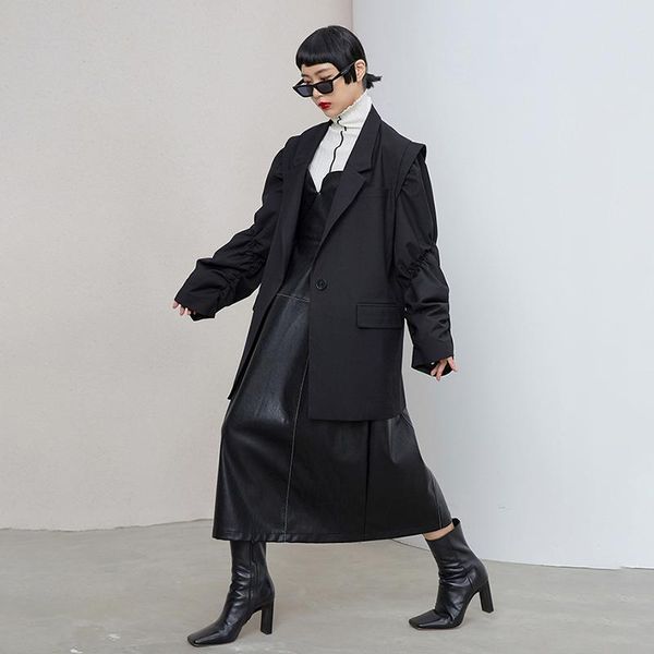 

women's suits & blazers [eam] women irregular pleated pocket blazer lapel long sleeve loose fit jacket fashion tide spring autumn 2021, White;black