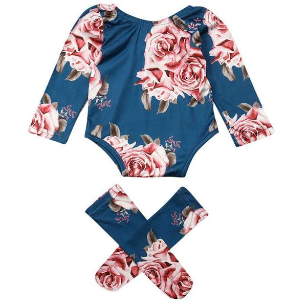 Pagliaccetti Pudcoco Born Baby Pagliaccetto a maniche lunghe Body grande con stampa floreale + Calzini caldi per ragazze 2 pezzi Vestito 0-24M