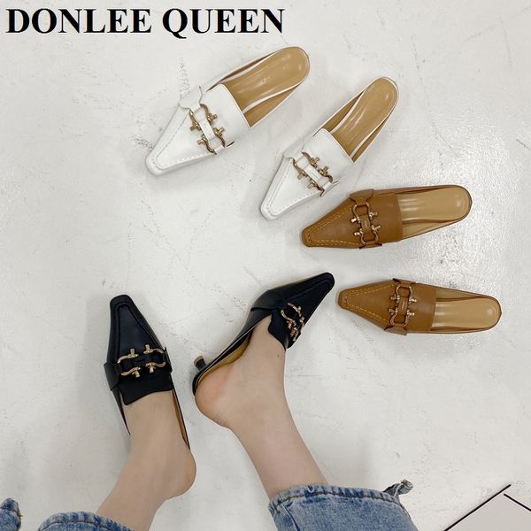 

new spring med heel mule shoes women brand metal buckle outdoor slippers fashion square toe slides casual shoes zapatillas mujer, Black