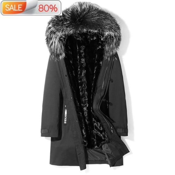 

men's leather & faux parka winter coat men long liner warm parkas real raccon fur collar mink jacket t-29-1a001 b21542, Black