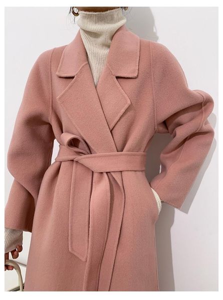 

women's wool & blends women brown classic coat double-faced cashmere woolen female winter trench with belt, Black