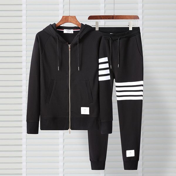 

chao br autumn winter new waffle tb long sleeve zipper cardigan sweater casual sports suit men's and women's lovers' trousers, Black