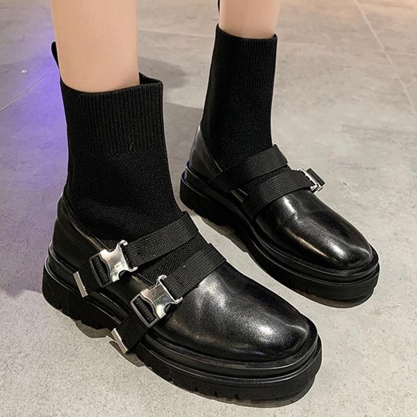 

boots fashion 2021 ladies stretch spring autumn women flats shoe slip on shoes female round toe ankle short motorcycle, Black