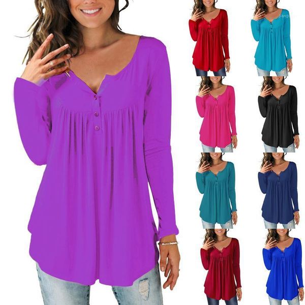 

women's blouses & shirts women 2021 fashion loose casual solid color long-sleeved o-neck button pleated female clothing blusa femin, White