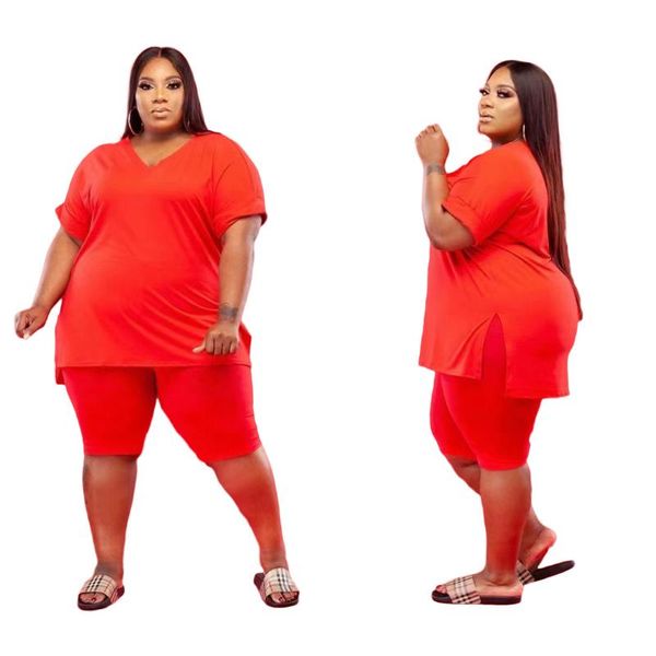 

ethnic clothing arrivals women solid plus size tracksuits 2021 summer fashion v-neck short sleeve loose t-shirts biker shorts casual outfits, Red