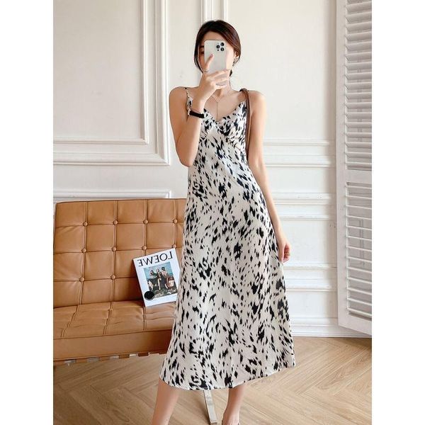 

casual dresses summer leopard suspender dress women's french floral, Black;gray
