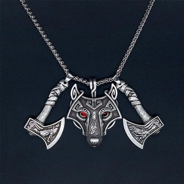 

pendant necklaces drop eco-friendly punk men necklace ethnic pagan norse viking jewelry wolf head raven axe charm, Silver