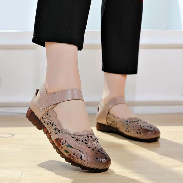 

woman sandals genuine leather retro block square high heels 2021 buckle strap breathable comfortable printing hollow out shoes, Black