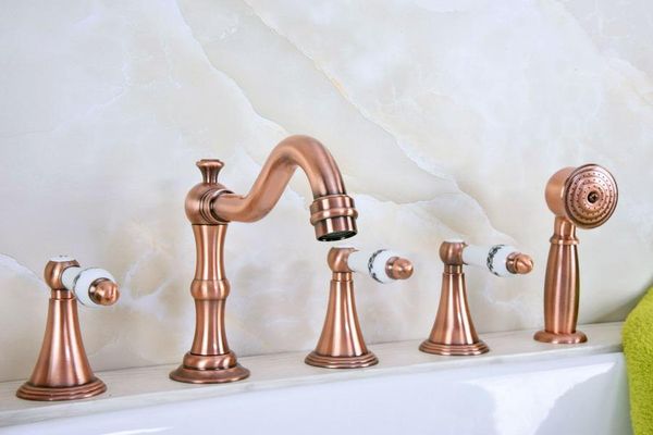 

bathroom sink faucets antique red copper brass deck 5 holes bathtub mixer faucet handheld shower widespread set basin water tap atf213