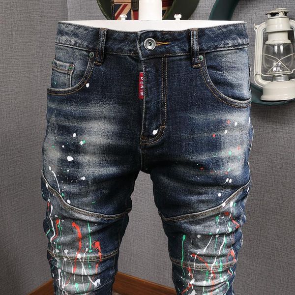 

men's jeans designer men elastic hip hop pants spliced biker homme fashion streetwear slim fit paint, Blue