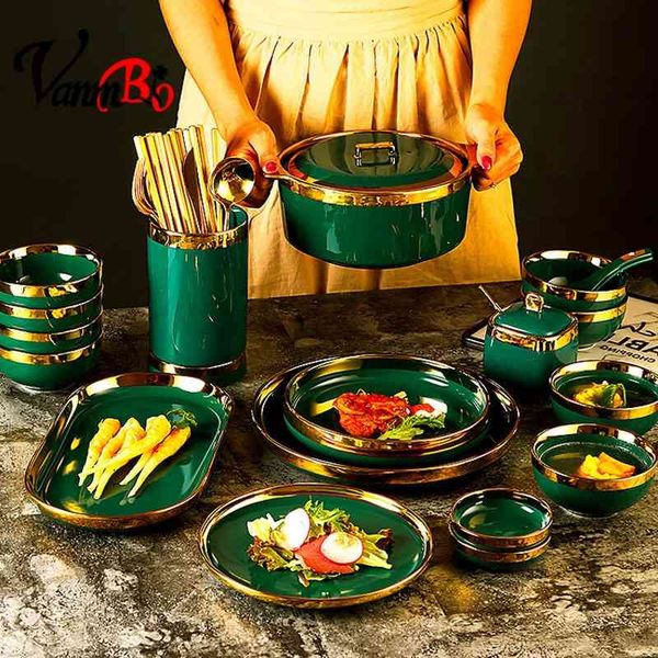 

japanese set household net red ins new bone china tableware bowl and dish dark green composite ceramics
