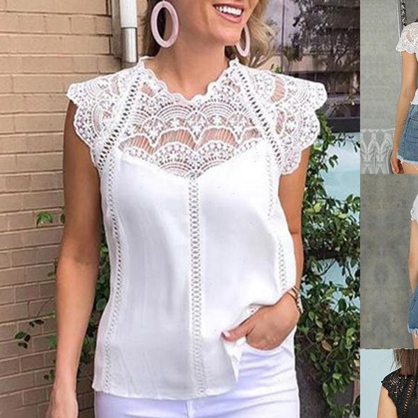 

lady summer solid color crochet lace flower patchwork tank sleeveless blouse new chic vintage drop shipping, White