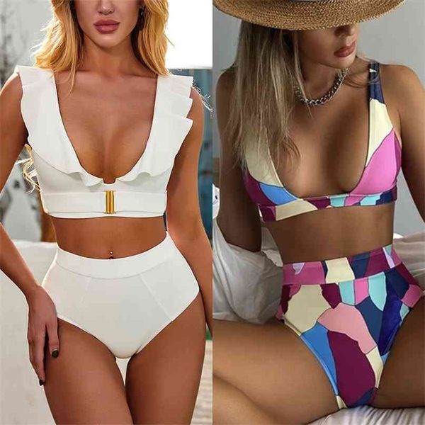 Costume da bagno bikini a vita alta Costume da bagno donna 2 pezzi Costume da bagno bianco con volant Costume da bagno sexy biquini brasiliano femminile 210625