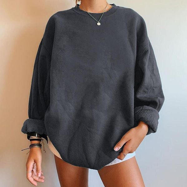 

autumn solid color women sweatshirt girl round neck long sleeve pullover oversize loose casual fall shoulder, Black