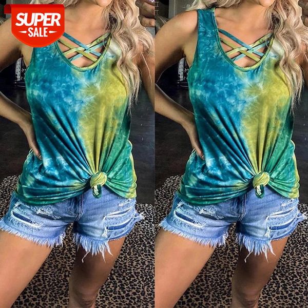 

summer tank women tie dye print v neck sleeveless slim vest casual hollow out cross strap decor loose tees tank female #ev6k, White