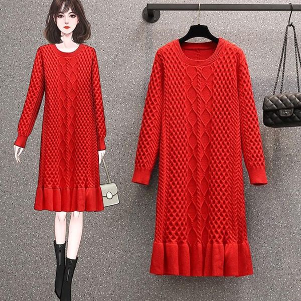 

2021 autumn winter elegant red knitted sweater dress vintage women long sleeve o-neck dress sweet ruffles mermaid robe, Black;gray