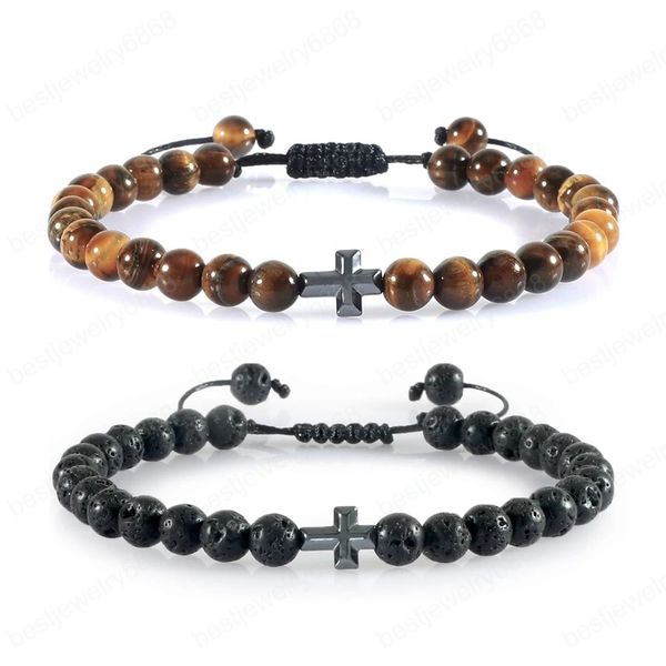 

6mm black lave beaded bracelet charm hematite cross men tiger eye natural stone handmade strand bracelets energy bangles jewelry, Golden;silver