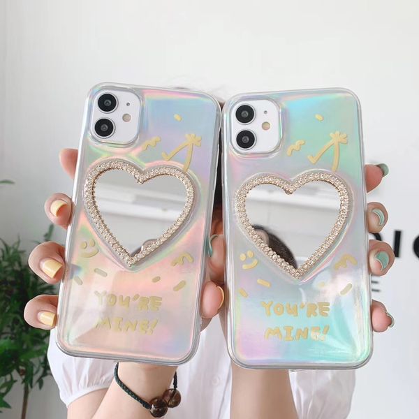 Custodia per telefono a specchio con diamante laser di lusso per iPhone 12 11 Pro Max XR XS Max 7 8 Plus Cover morbida per lettera con glitter trasparente per iPhone 12