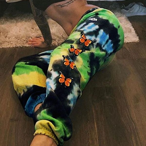 

butterfly print tie dye pants women fashion high waist loose sweatpants hip hop joggers trousers summer 2021 plus size 3xl#w3, Black;white