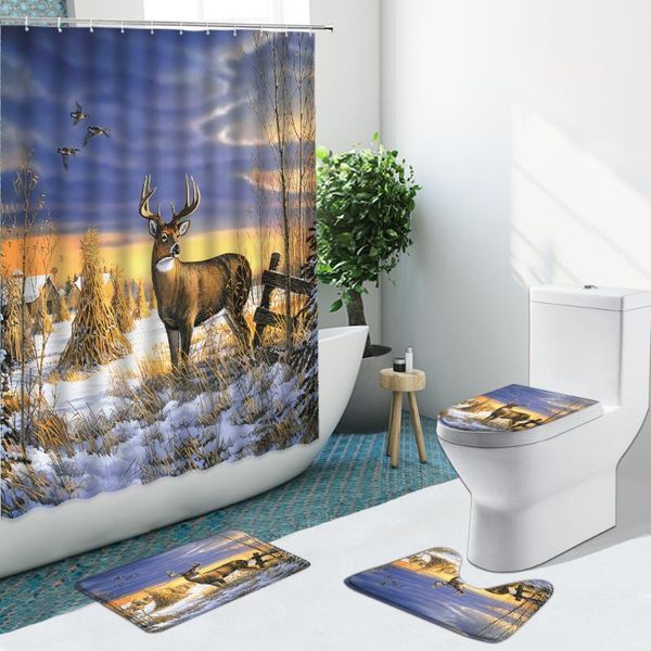 

shower curtains oil painting elk snow landscape curtain animal antlers non-slip flannel rug toilet cover bath mats bathroom set floor mat