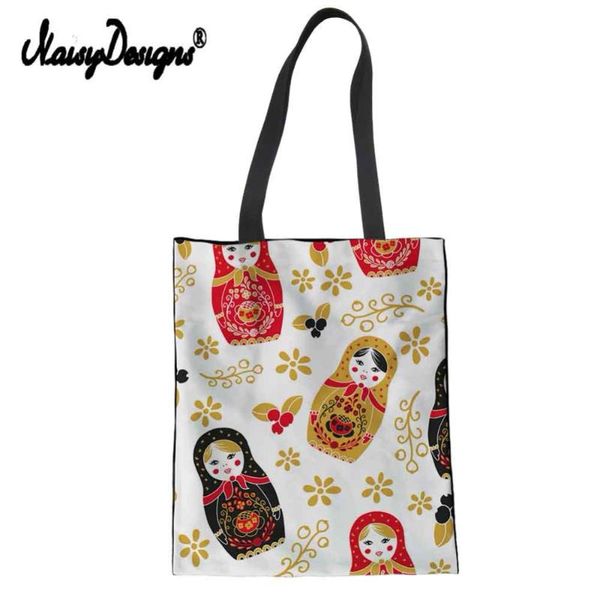 

shopping bags women lady matryoshka doll canvas totes reusable cotton grocery handbags purse eco foldable trolley russian