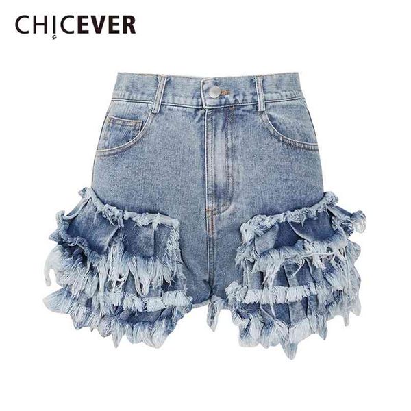 Chique Casual Calções Azul Para Mulheres Cintura Alta Retalhos Ruffles Bolsos Asmmétricos Slim Calça Calça Feminina Verão 210724