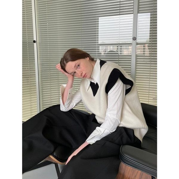 

women's vests 100% wool knitted vest v-neck outfit coat women, Black;white