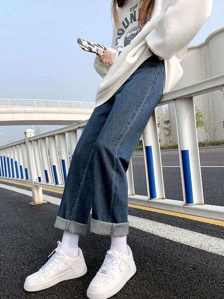 

in dark blue drooping feeling, wide legs, loose and thin, high waist women's pants