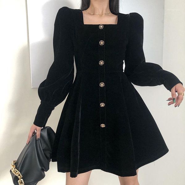 

women's wool & blends french velvet single breasted design with bubble sleeve and square collar dress, Black