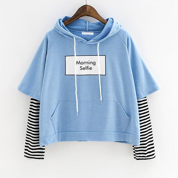 

hoodies morning selfie moletom women striped patchwork hoodies sweatshirts with front pocket crop hoodie drop shipping 0807, Black