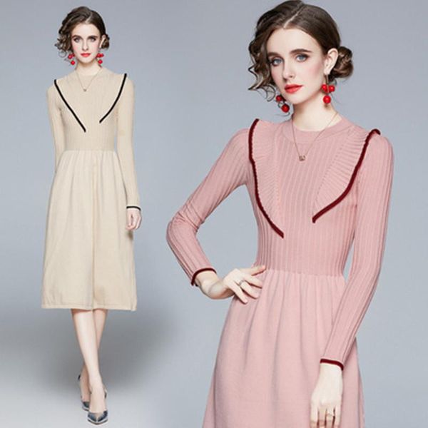 

casual dresses high-end 2021 spring women o-neck ruffles patchwork knitting dress ladys elegant long sleeve a-line bottoming sweater, Black;gray