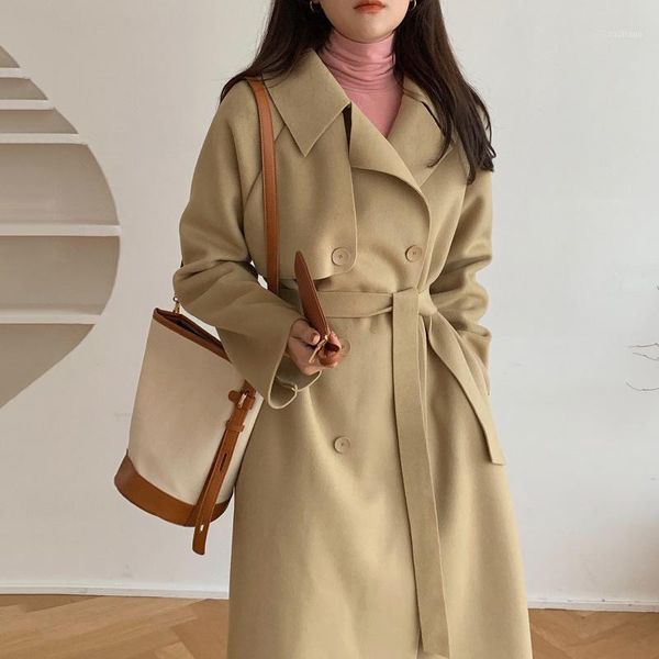 

women's wool & blends [ewq] korea chic autumn winter temperament lapel double breasted strap waist long double-sided tweed coat women 2, Black