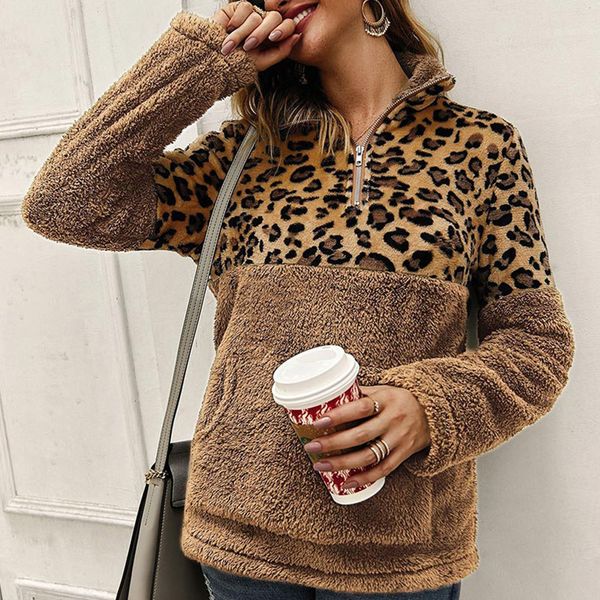 

new 2021 casual leopard print patchwork loose sweatshirt women zipper turtleneck fleece hoodies vintage pocket thick warm tmgt, Black
