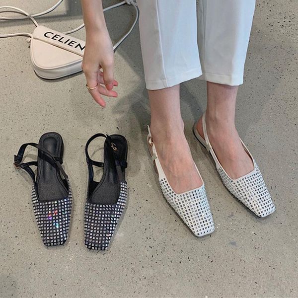 

sandals 2021 autumn slingback elegant low heel pumps shoes ladies fashion bling crystal female shallow slip on mujer, Black