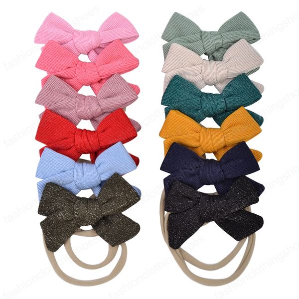 

20color nylon solid bowknot baby headband elastic hair bands for girls handmade turban headwear newborn kids hair accessories, Slivery;white