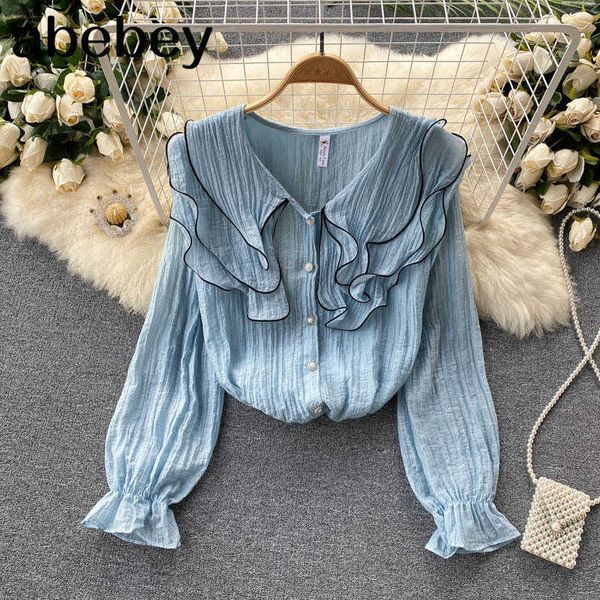 

women chiffon korean blouse design ruffles turndown-collar single breasted summer casual loose streetwear blouses 210715, White