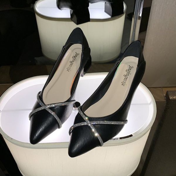 

Shining Crystal Straps Square Heels Women Pumps Pointed Toe Fashion Med Heeled Ladies Office Shoes Slip on Single ShoesDress Shoes, Beige